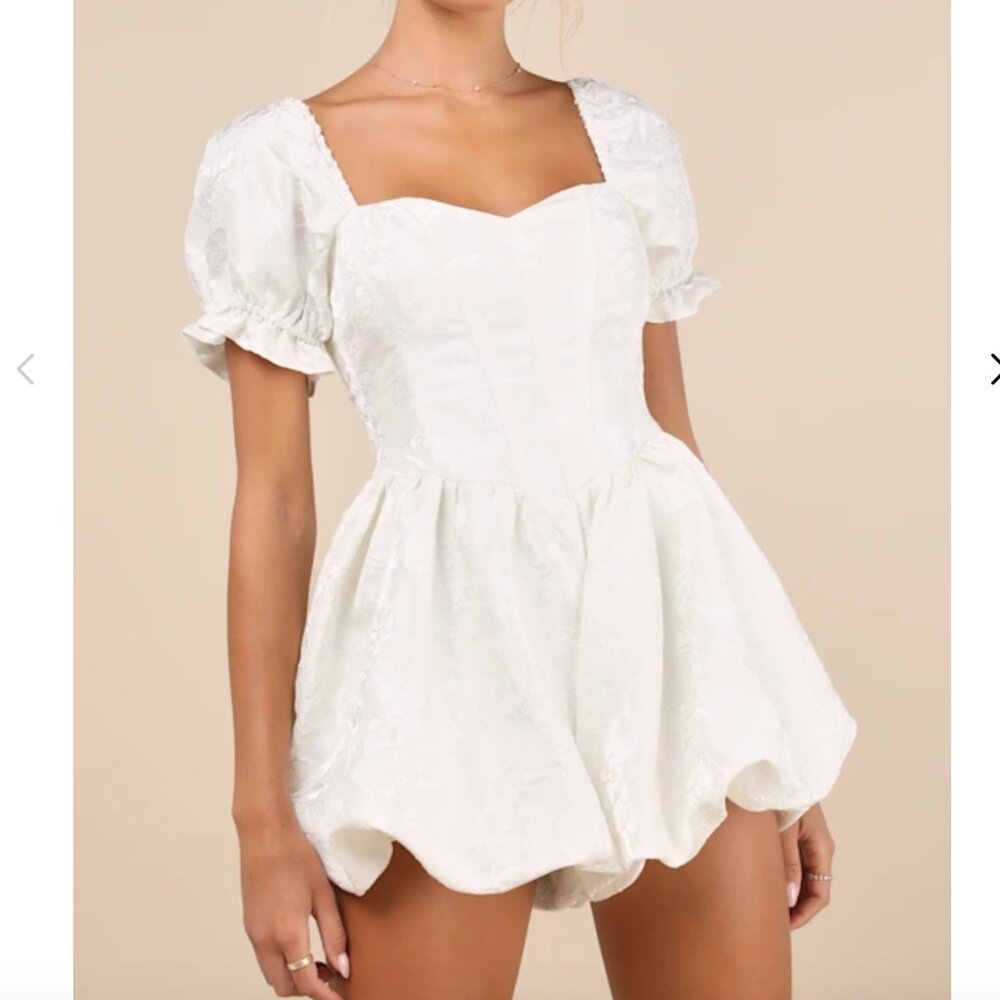 Lulus Princess Aesthetic Ivory Floral Jacquard Bubble-Hem Romper